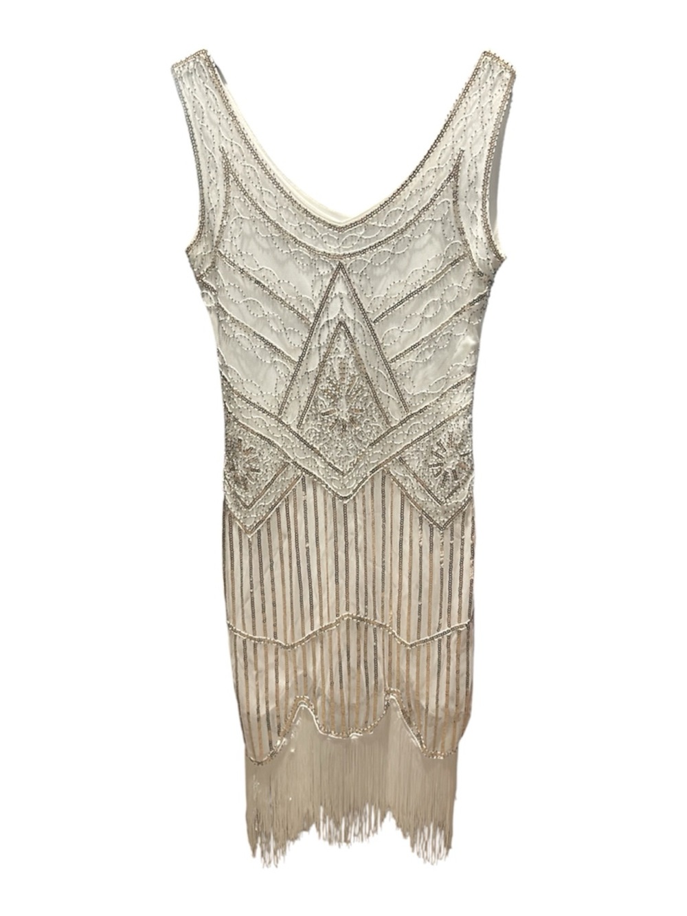 1920s Gatsby Flapper Sequin Fringe Costume Dress Cream White Silver